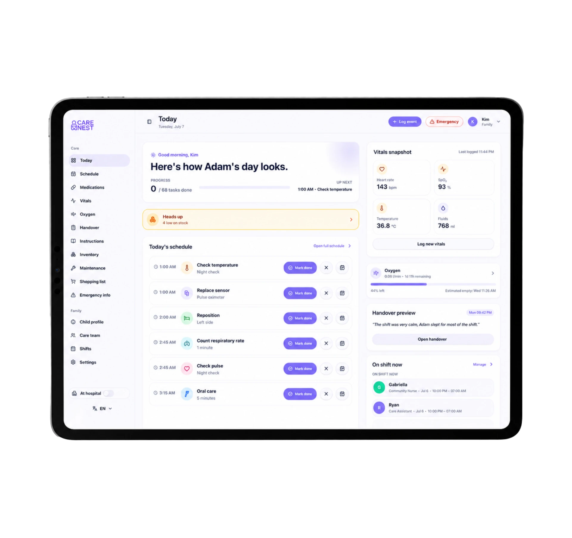 CareNests översikt på en iPad — dagens schema, vitalvärden, syrgas och den senaste överlämningen.